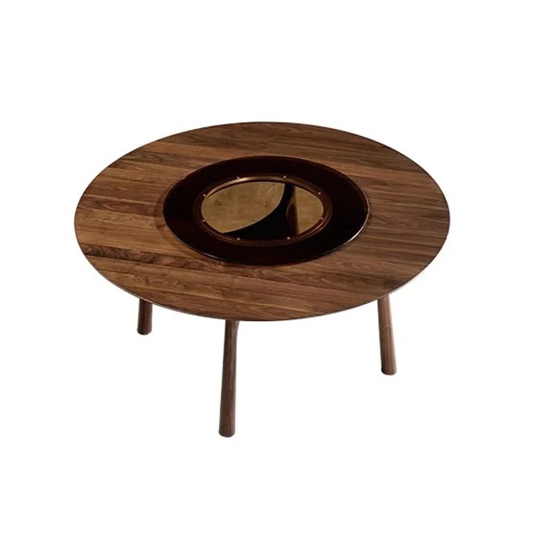 

North American black walnut round dining table Nordic light luxury tempered glass