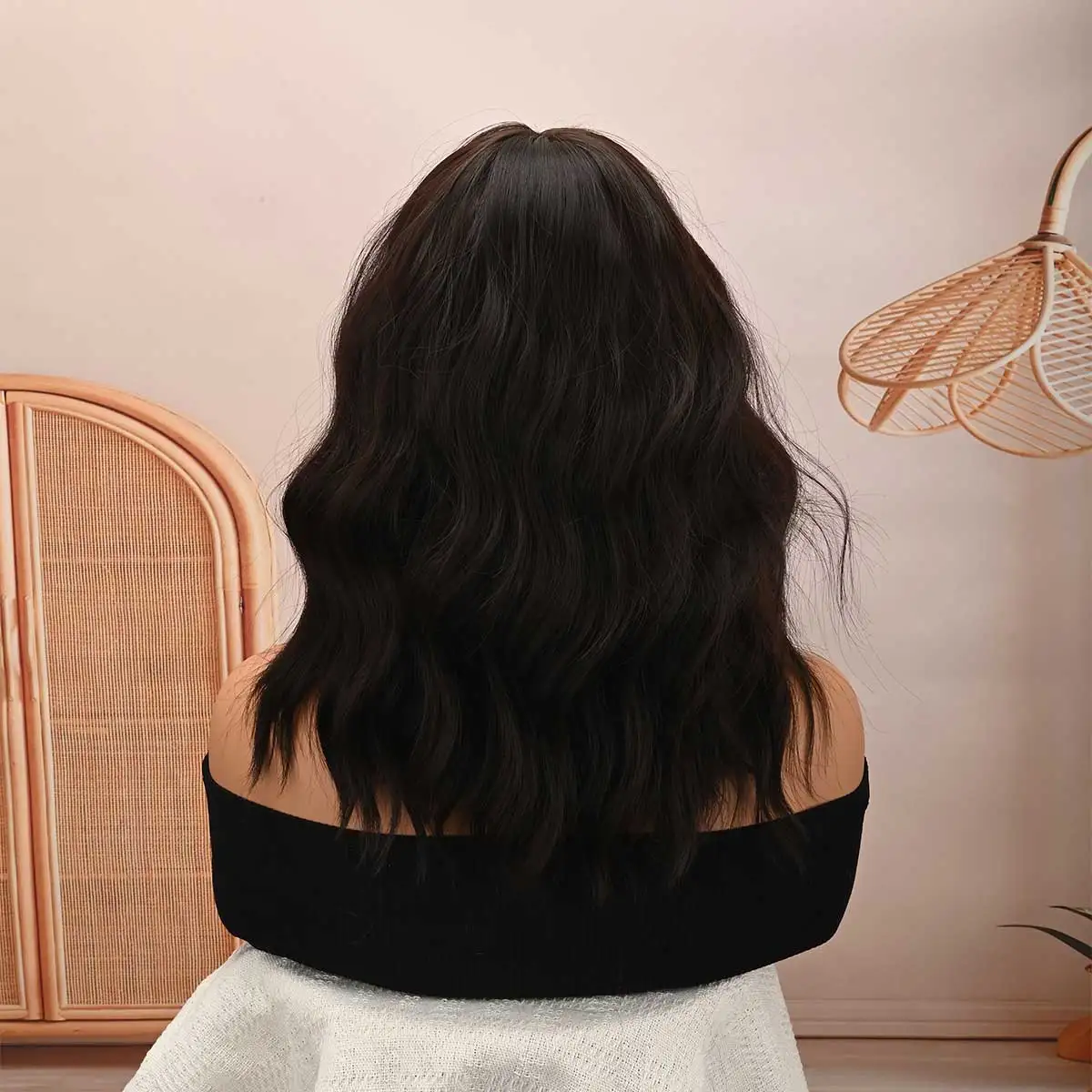 Dark Brown Wavy Bob Wig with Bangs, Heat‑Resistant Synthetic Glueless Wig Natural Looking Daily Fashion Wig