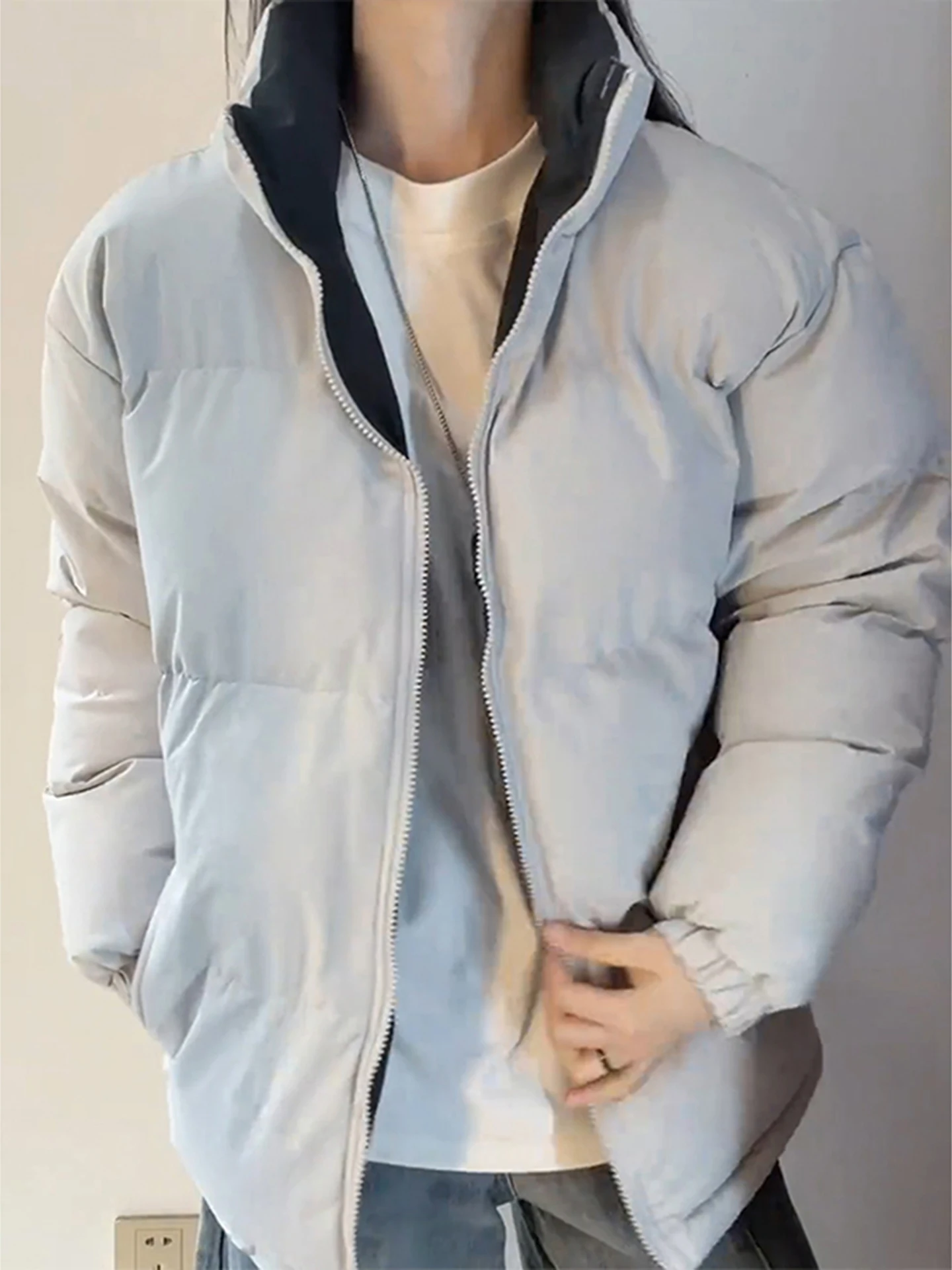 

Thiened Blue ey Contrast Color Stand Collar down Cotton Jaet for Men And Women Winter Warm ort Bread Sle Couple Coat