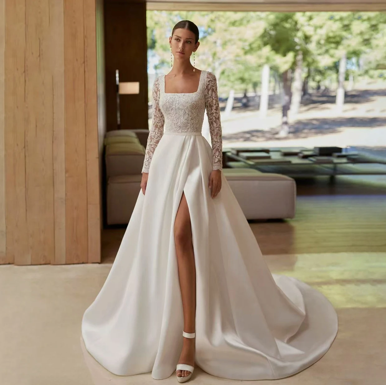 

Wedding Dress Bride Gown Lace Square Neck Long Sleeve A-Line Formal Bride Dress Elegant Wedding Gowns for Bridal Customized