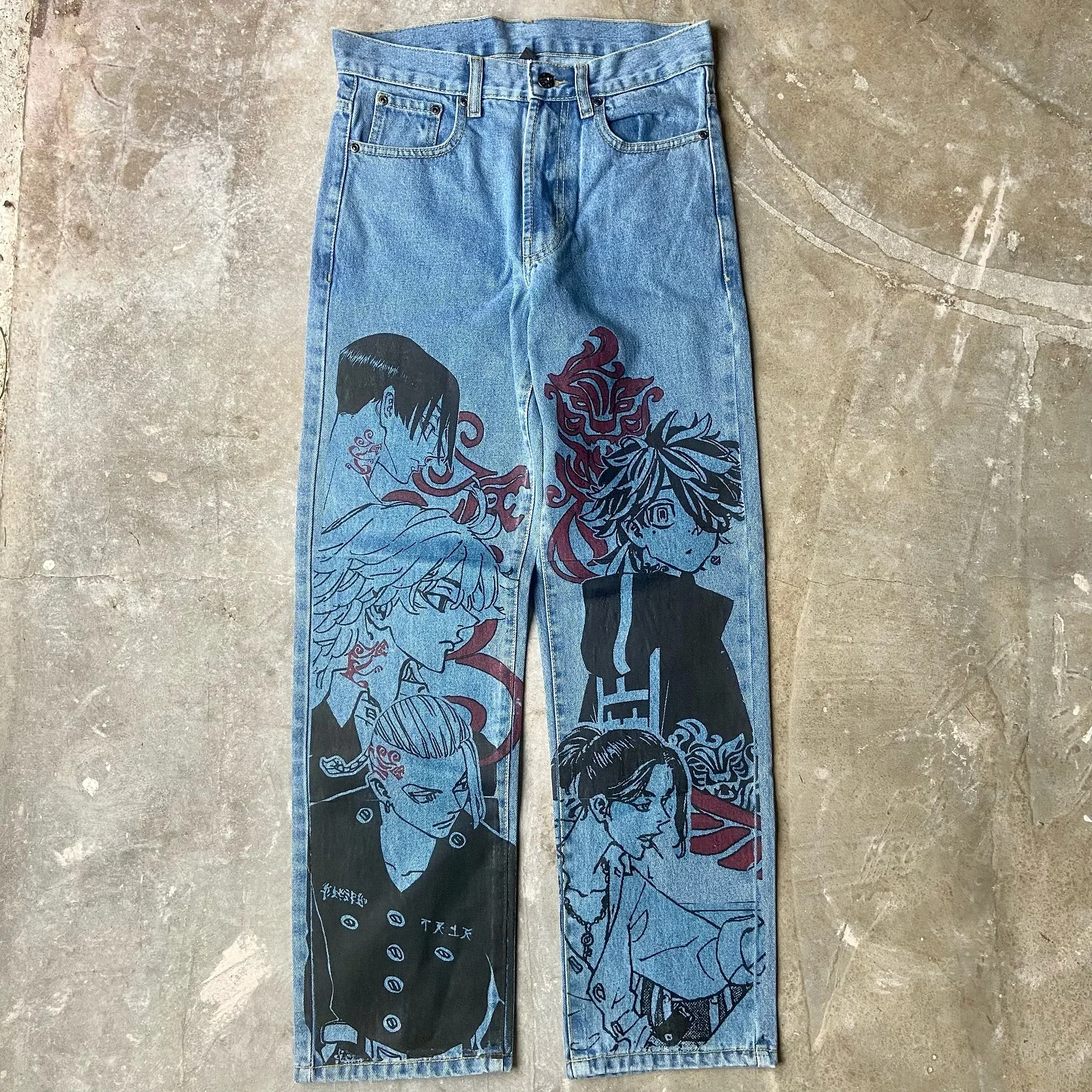 Harajuku azul anime coleção gráfico perna larga jean moda streetwear casais calças de cintura alta denim masculino estilo y2k jeans