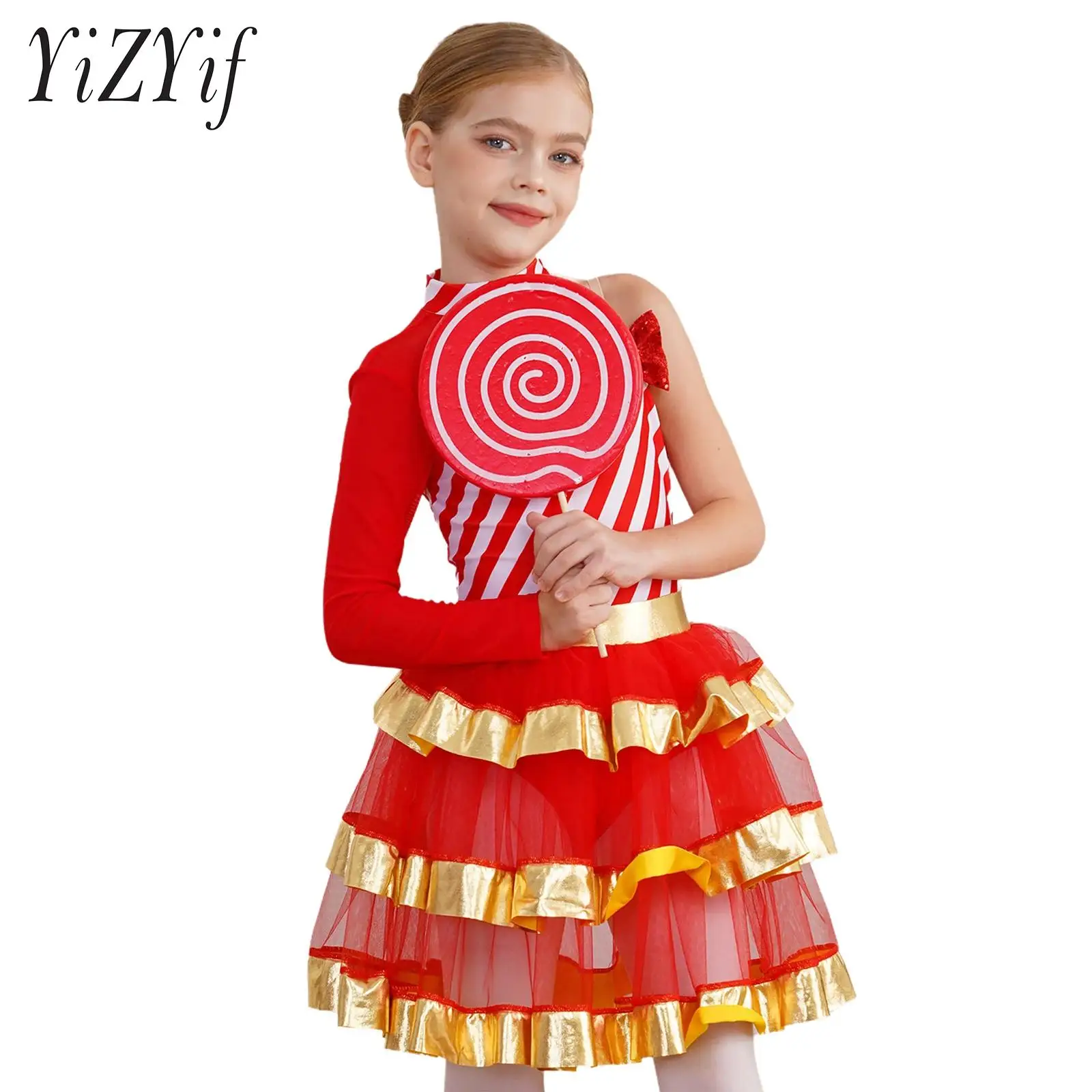 Kid Girl Christmas Party Dress Asymmetrical Sleeve Stripes Print Layered Mesh Patchwork Metallic Trim Dress Christmas Skirt