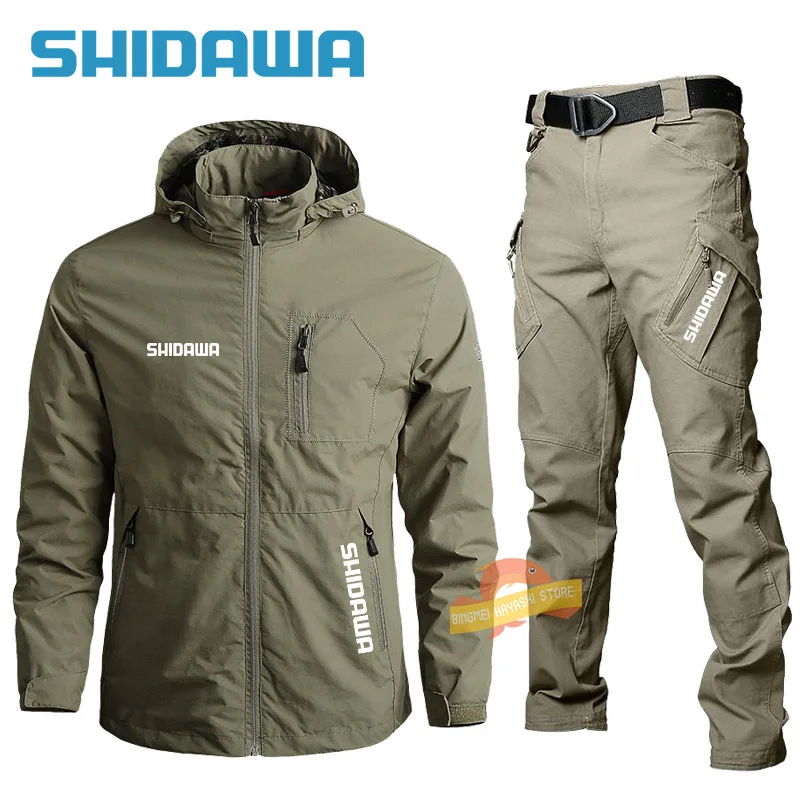 New Summer Autumn Men Thin Fishing Suits Outdoor Sports Hooded Hiking Windproof Jacket Waterproof Tactical Pants Fishing Clothes