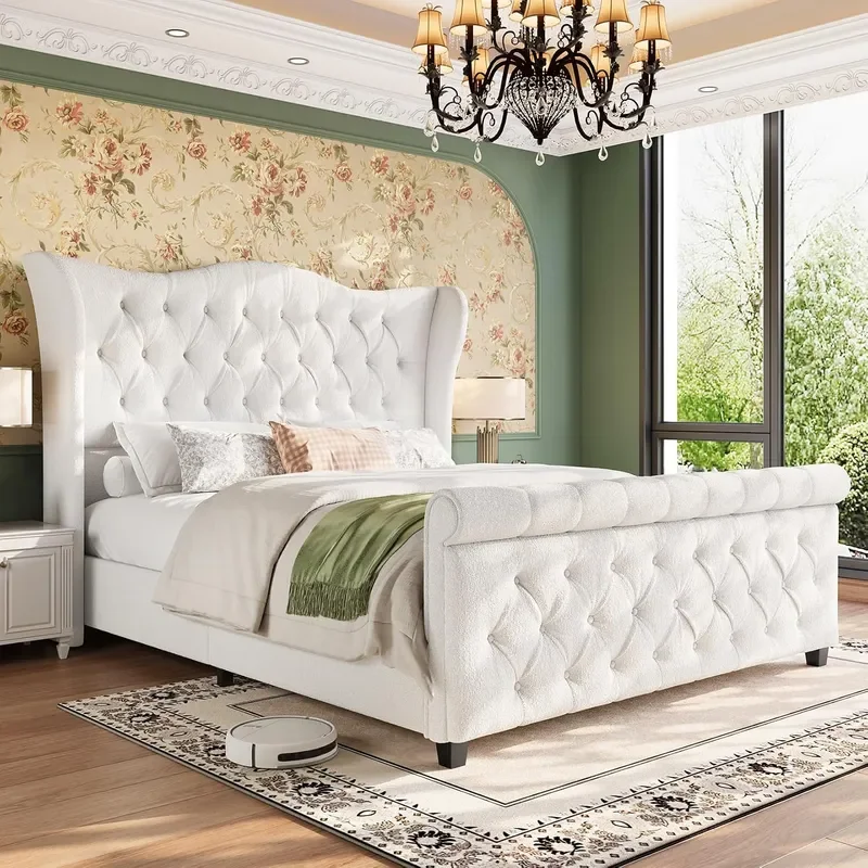King Size Bed Frame Chenille Upholstered Sleigh Bed with Scroll Wingback Headboard Footboard Luxury Soft Button Tufted Modern