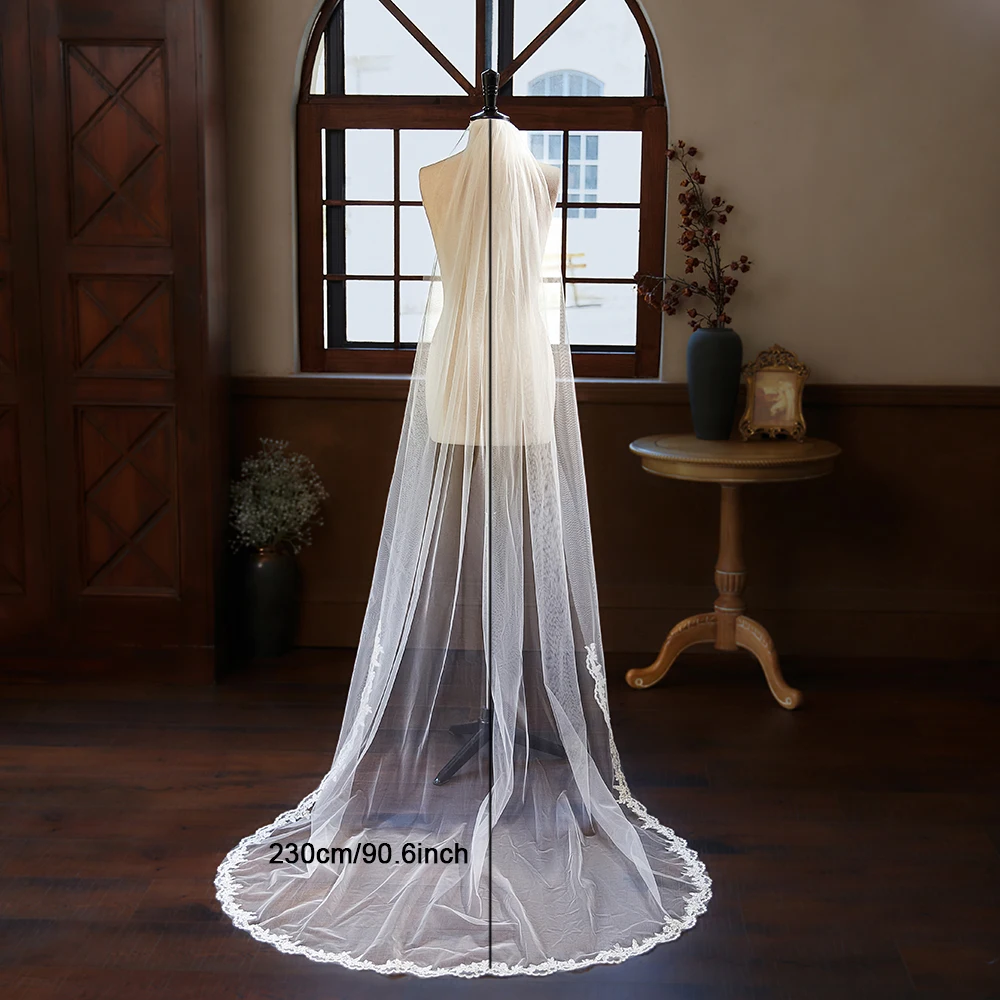 230CM Elegant Lace Applique Edge Bridal Veil One Layer Soft Tulle Marriage Wedding Veil Accessories for Women image 5