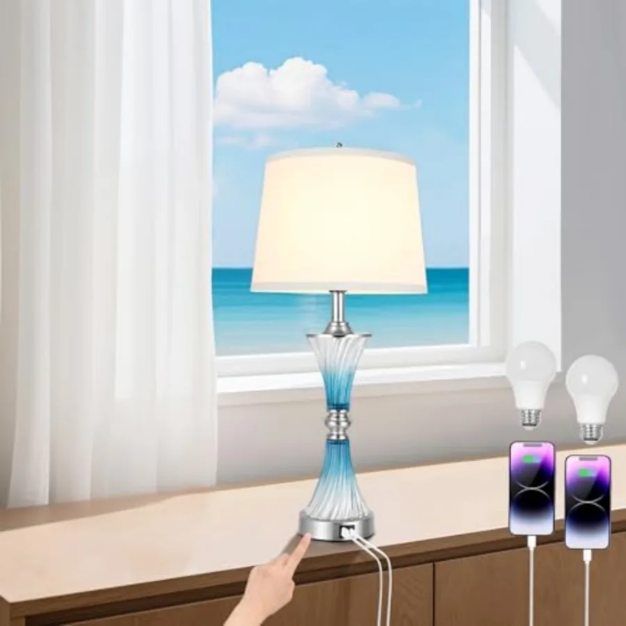 

Настольные лампы из синего стекла с USB-C/A портами, 27 дюймов, для спальни, с 3-уровневой регулировкой яркости, сенсорные, для гостиной
