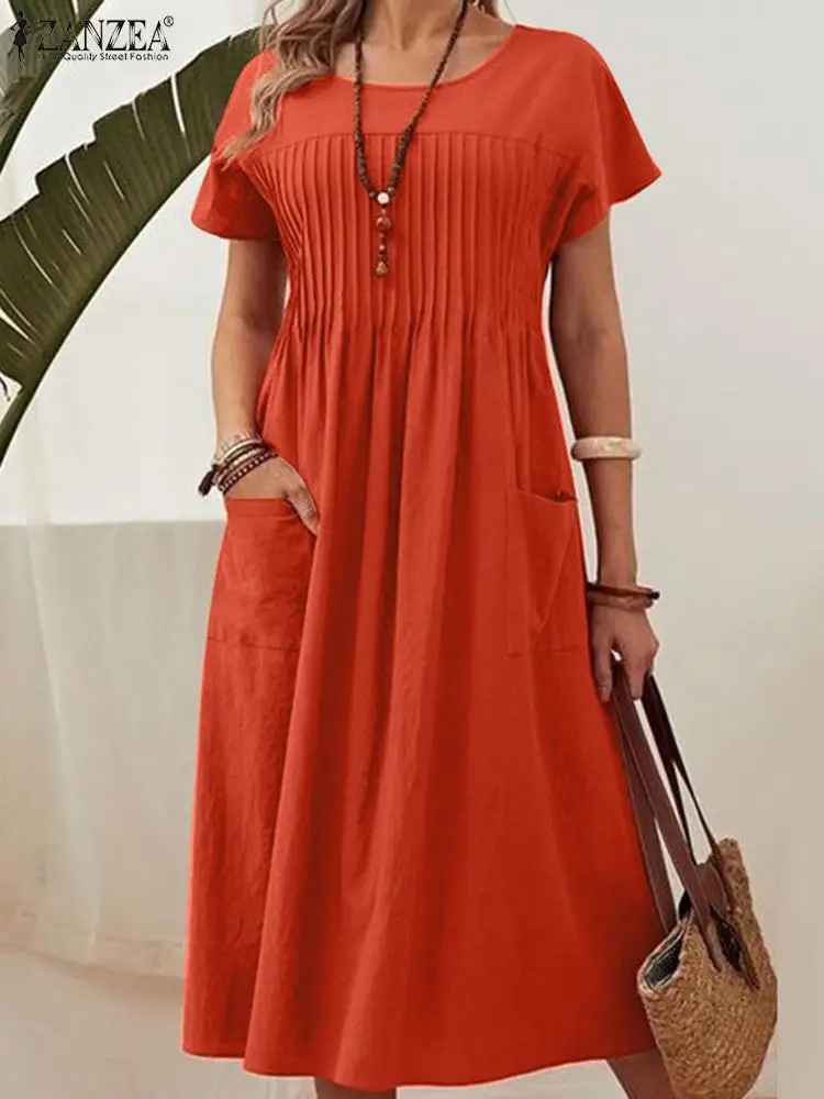 ZANZEA Summer Elegant Dress Fashion V Neck Short Sleeve Robe Women Solid Pleated Mid-calf Sundress Casual Work OL Vestido Kaftan