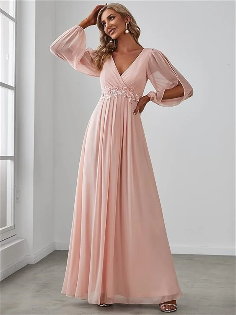 

Beshinel Customized V Neck Chiffon Lantern Sleeve Bridesmaid Dresses Elegant A Line Floor Length Applique Pron Gowns Wedding