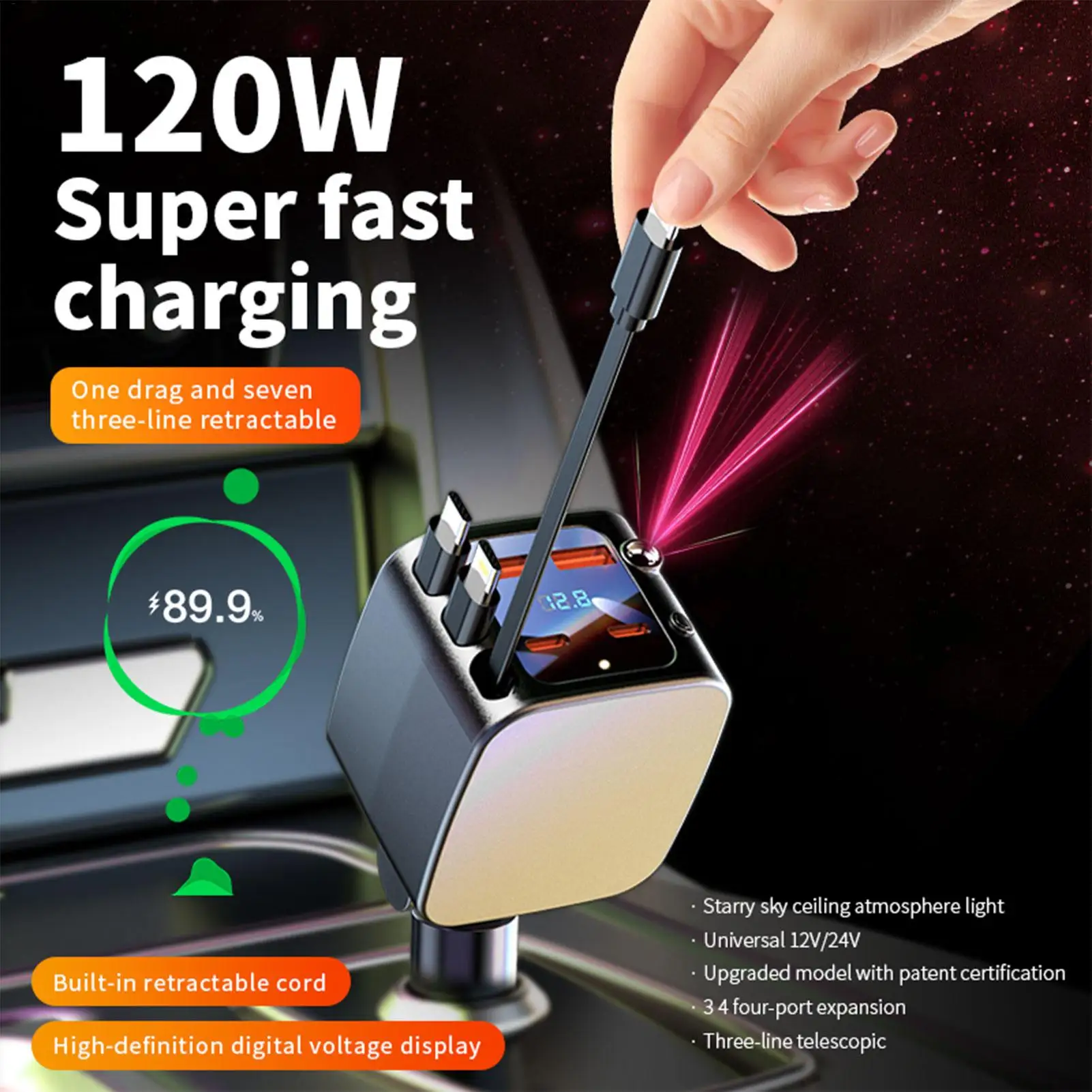 Retractable Phone Charger For Car Fast Charging 2 USB Ports Auto Supplies With Starlight Car Charger USB For Daily Commute