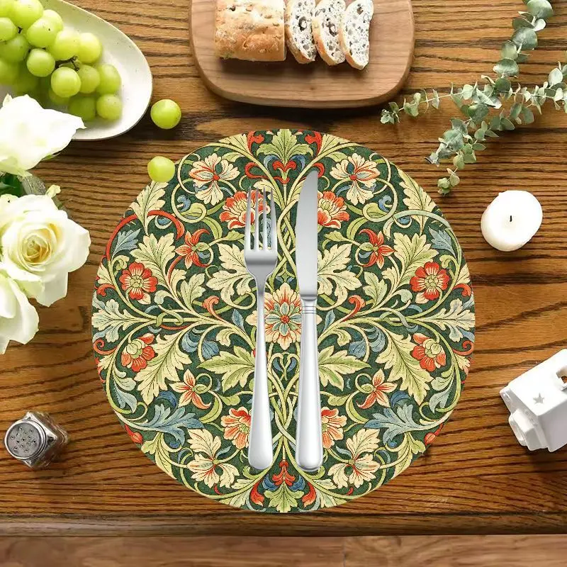 VIKAMA Retro Floral Placemat Set 2/4/6pcs Anti-Oil Scratch-Resistant Non-Slip Round Table Mat Rustic Kitchen Dining Decor