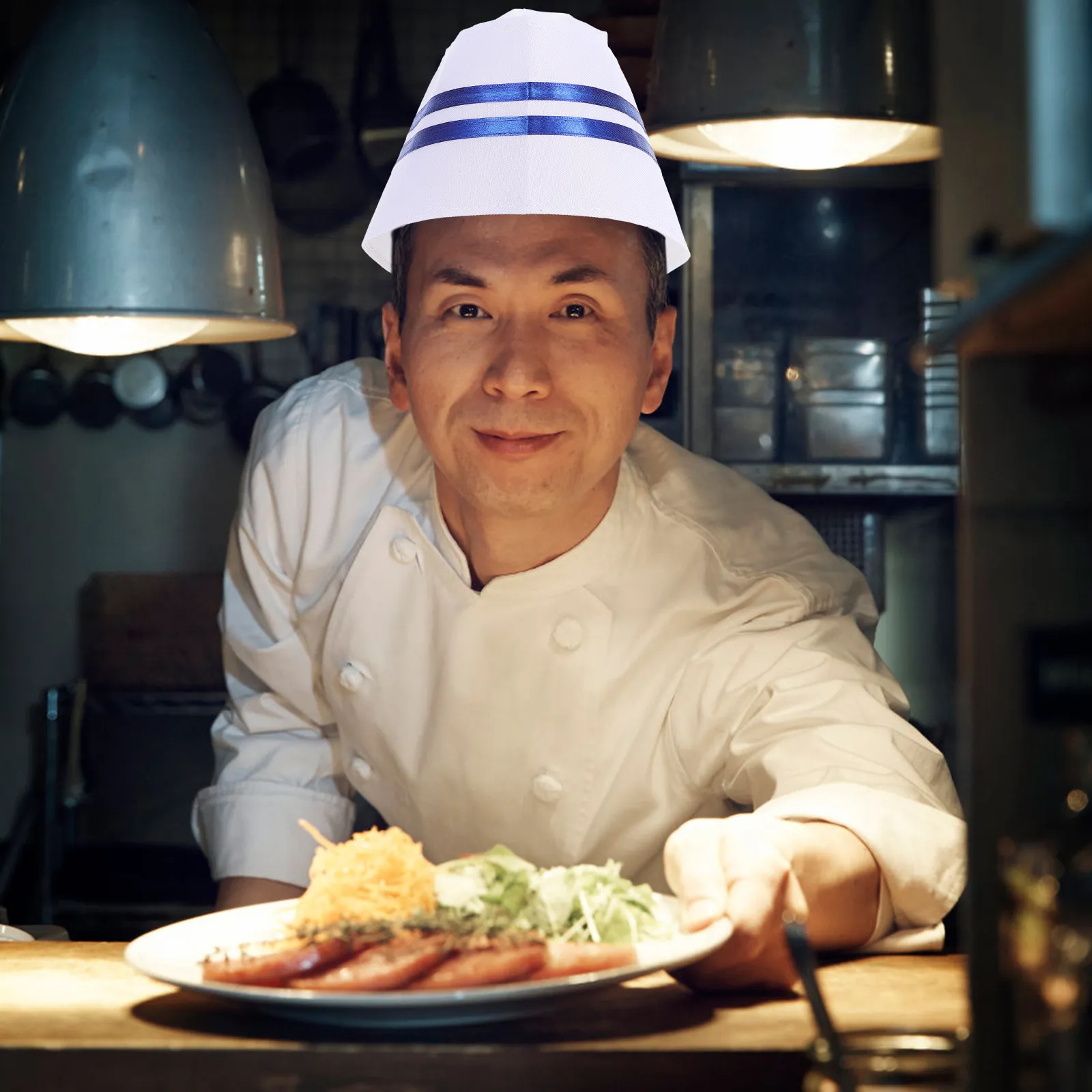 Chef Work Hat Blue Trim Unisex Kitchen Cap Cooking Baking Food Service Baker Hat Chef Caps for Men Cooking Supplies