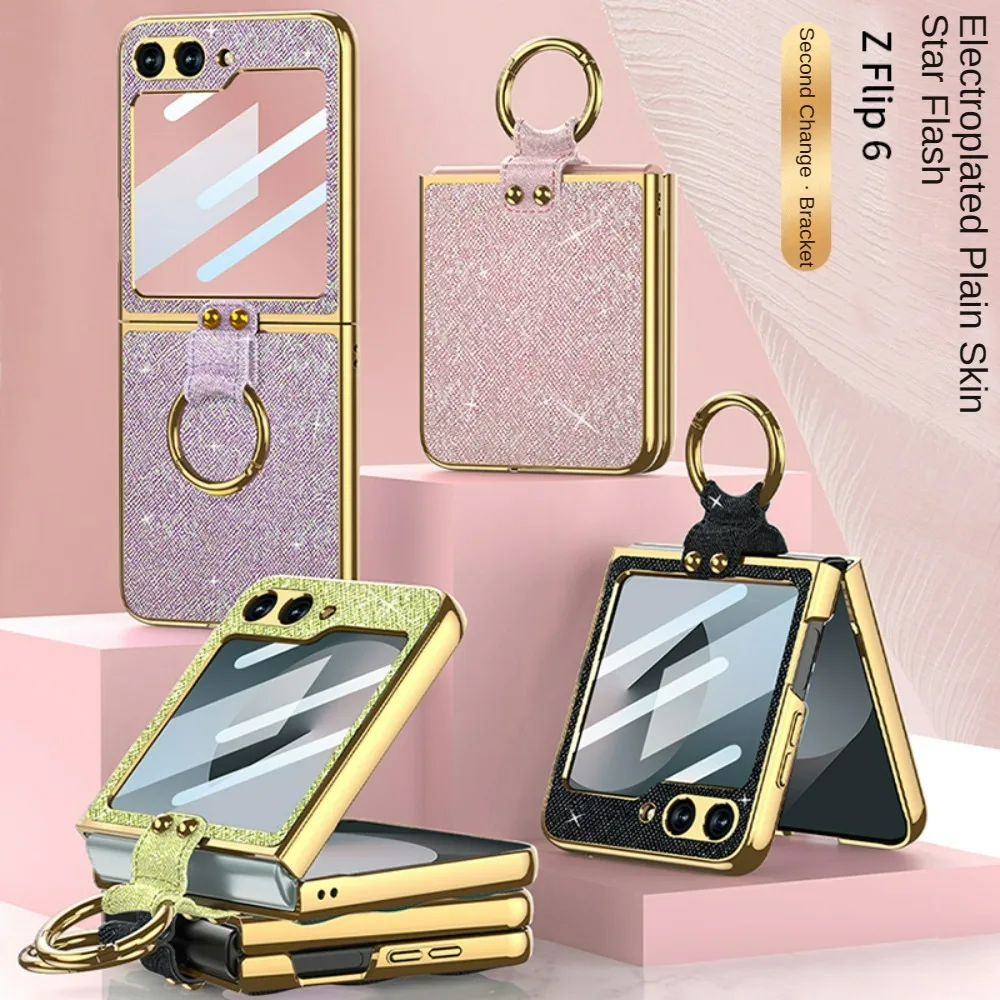 Luxury Sparkling Color Plain Leather Ring Bracket Case for Samsung Galaxy Z Flip 6 with Mirror Film Protection Cover Accessories