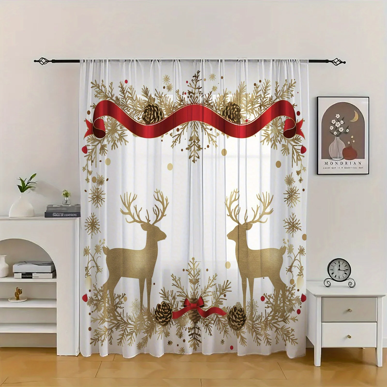 Golden Deer Holiday Curtains 2pcs, Semi-Transparent Machine Washable Rod Pocket for Living Room Bedroom Study Coffee Shop Decor