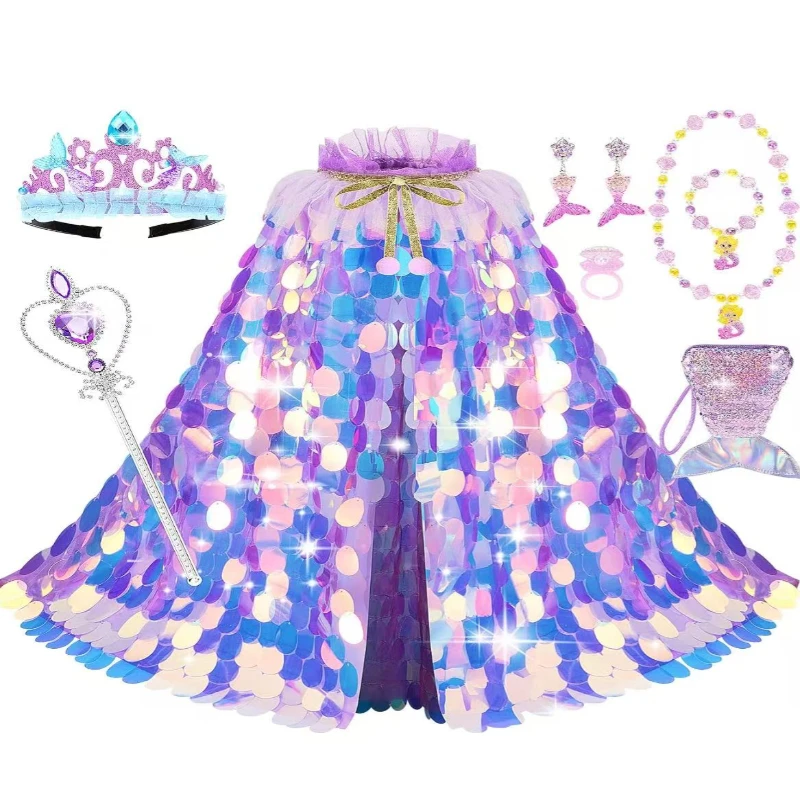 Ensemble de cape scintillante effet écailles de poisson arc-en-ciel pour petites filles, avec ruban doré, diadème décoratif, baguette magique et tenue de scène complète assortie avec coquillages