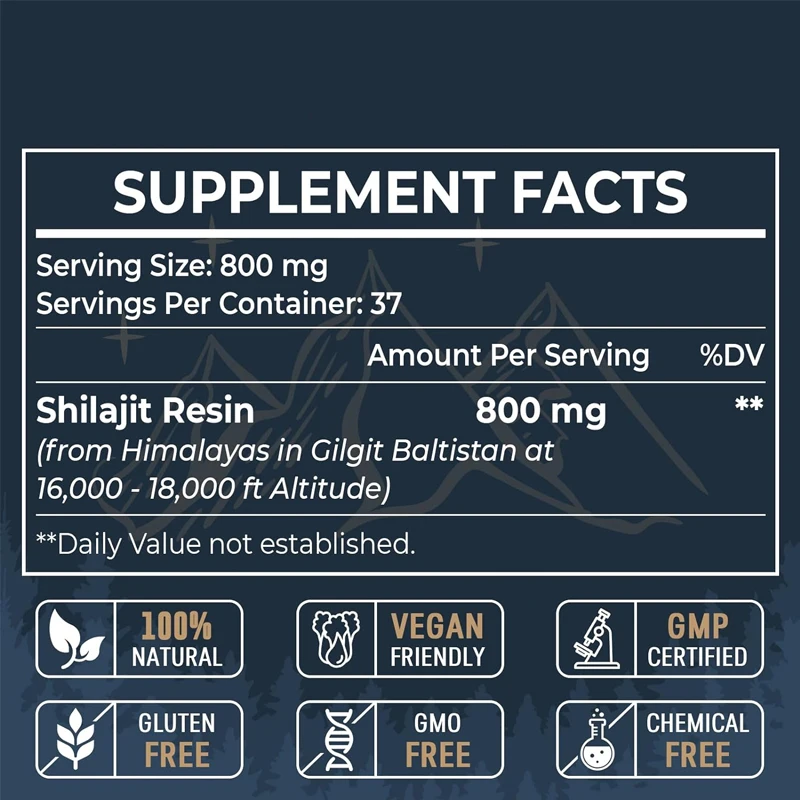 800 milligrams of Himalayan Shilajit resin, Shilajit supplement, high purity, dosage and efficacy, energy, strength and immunity