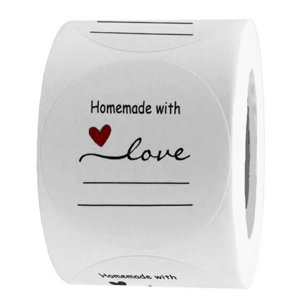 Homemade with Love Sticker with Lines for Writing Round Gift Tags, Gift Stickers, Handmade Stickers 500 Labels Per Roll