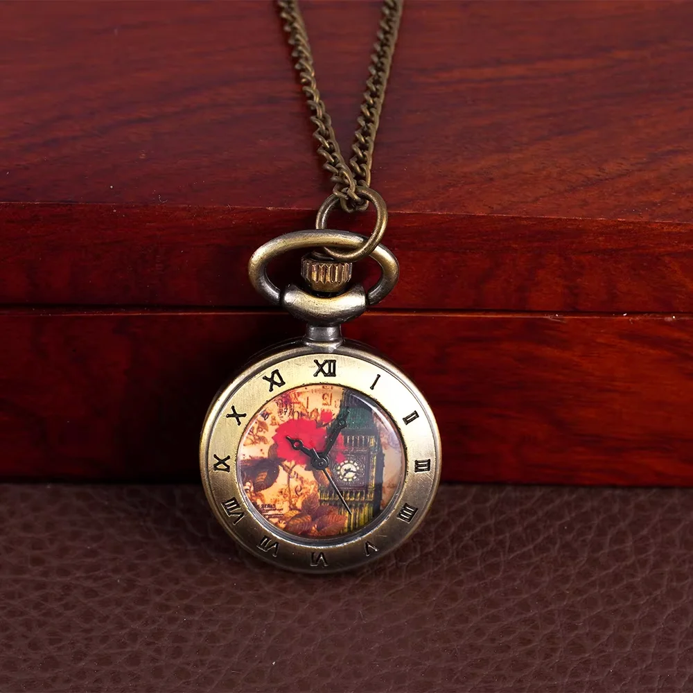 Bronze single case quartz Watch Roman scale clock tower and flower pattern pocket watch necklace wall watch
