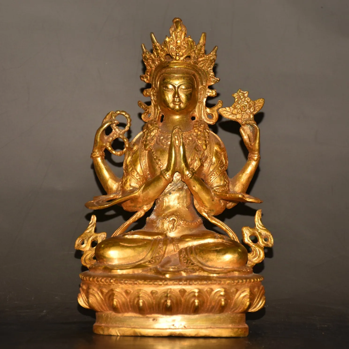 Pure copper-gold plated four-sided Guanyin Buddha statue - a home altar decoration item