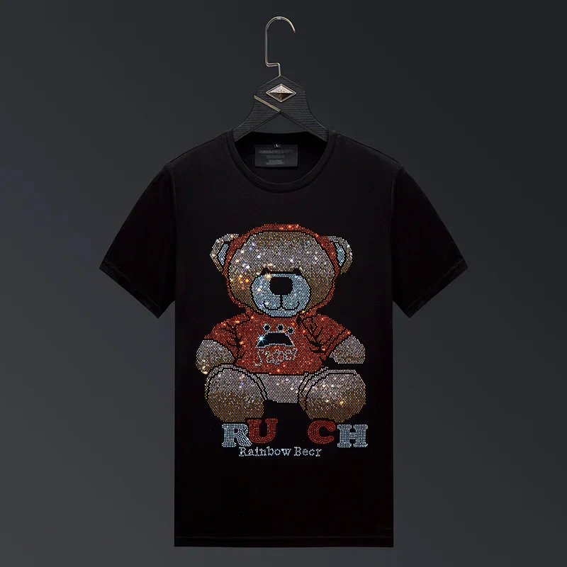 

2024 Rhinestones Bear Cartoon T Shirts Men Summer Clothes Fashion Streetwear O Neck Short Sleeve Thin T-shirt Camisa Masculina