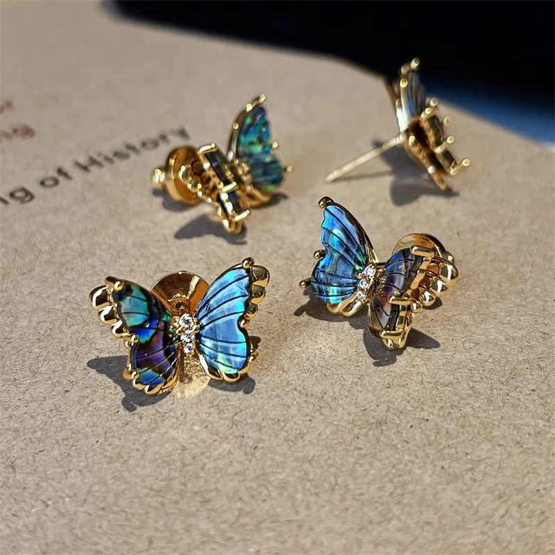 Deep Sea Colorful Shell Blue Butterfly Earrings for Women's Fashion Vintage Exquisite Beautiful All-match Jewelry Gift