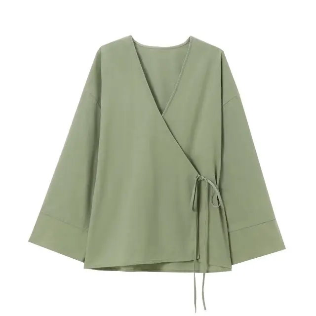 

Spring and Autumn Loose Shirts New Women's Textured Kimono Style V-neck Tunic Multicolor Solid Color Simple Casual Jacket Coat