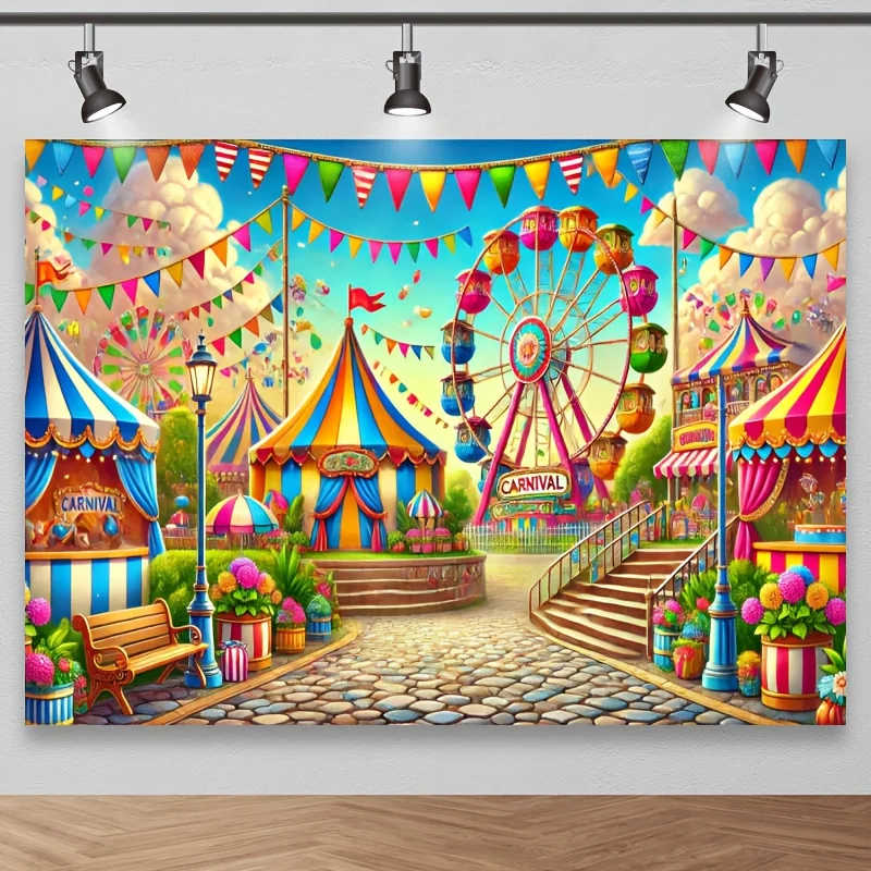 

Vibrant Carnival-Themed Photography Backdrop - Polyester, Includes Flags & Ferris Wheel Design for Studio and Event Shoots