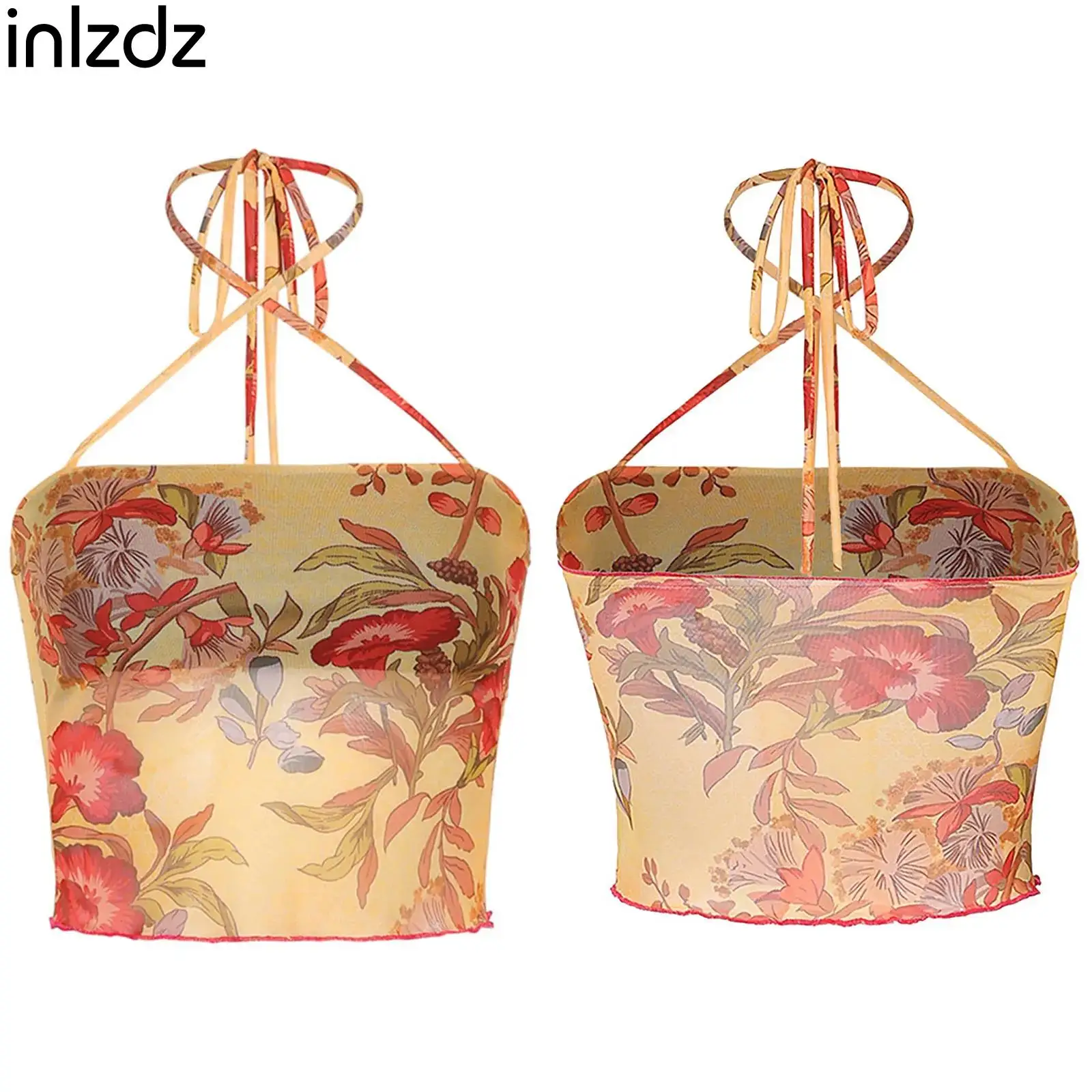 

Sexy Women Flower Print Cropped Camisole Crossing Halter Sleeveless Backless Mesh Crop Tops Vest for Daily Casual Vacation Party