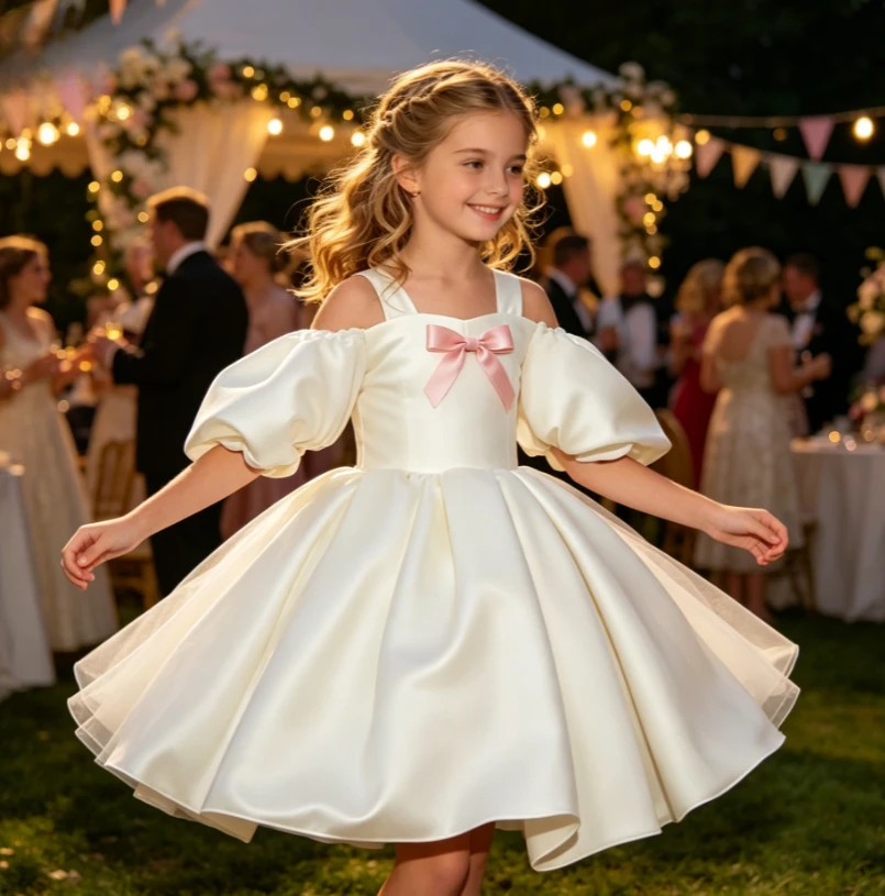 Girls Dress 2026 Spring Summer New Childrens Clothes Girls Baby Sweet Gorgeous Bubble Sleeve Bow Princess Dress