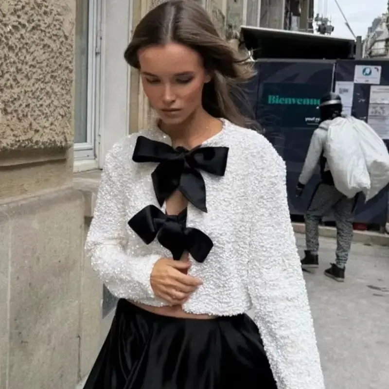 

Women Long Sleeve Sequined O Neck Cropped Female Coat Outerwear Chic Tops Bow Tied Lady Jackets Woman Clothing