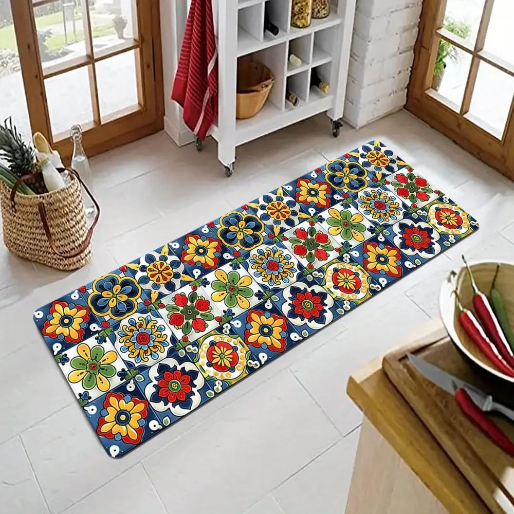 Mediterranean Tile Carpet Mat Rug Home Decoration Kitchen Floor Rug Long Hallway Vintage Pattern Retro Style Indoor Area Rug
