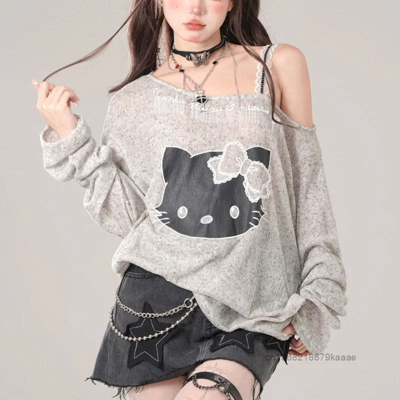 Sanrio Hello Kitty American Style Gray Long Sleeved T-shirt Women\'s Summer Loose Y2k Spicy Girl Off Shoulder Fake Two Piece Top