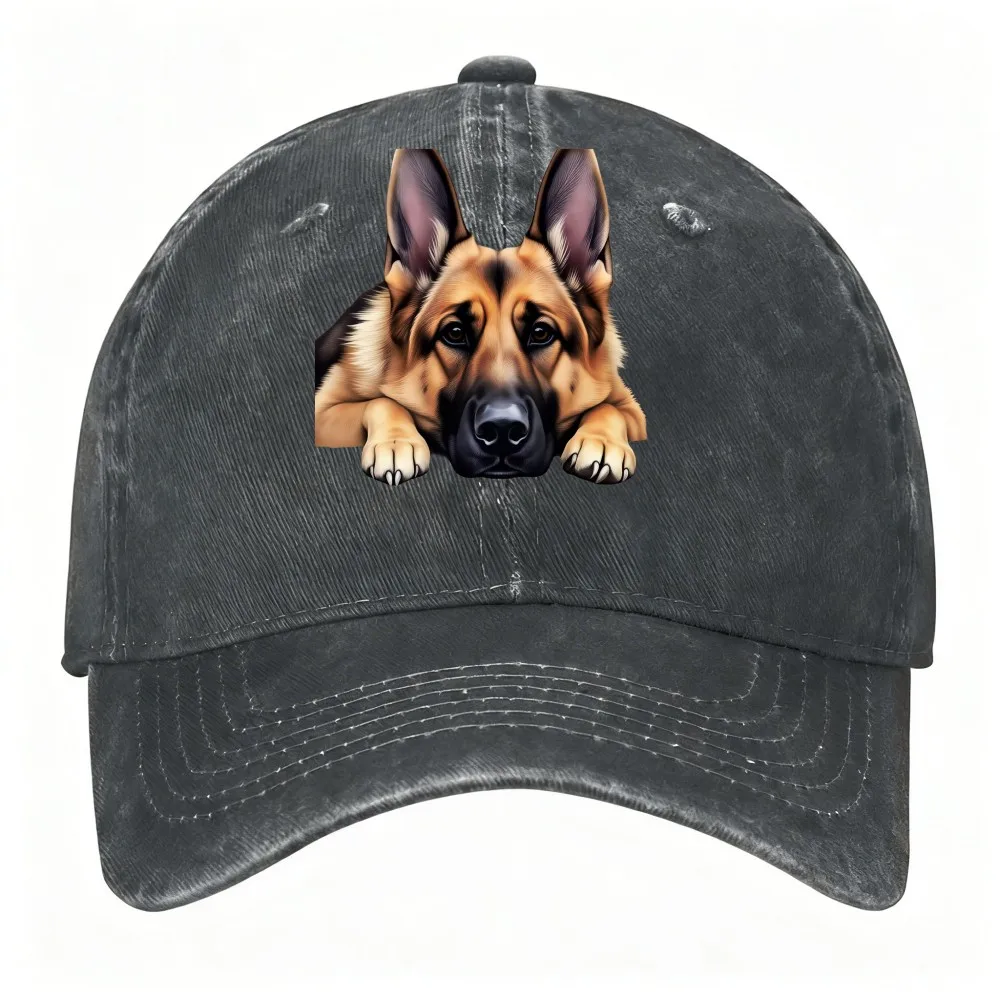 German Shepherd Dog Print Washed Cotton Baseball Cap Unisex Adjustable Outdoor Cap for Camping Fishing Running