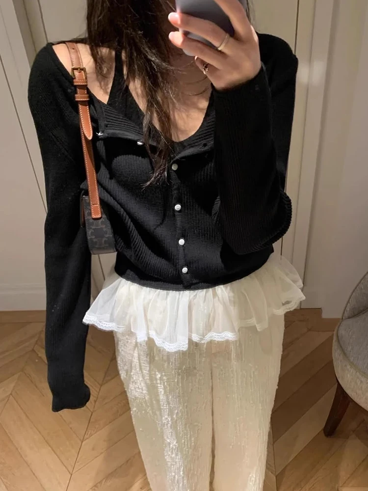 Chic Spring Sweet Youthful Lace Trim Ne Hanging Vest Soft Cozy Knitted Cardigan Women's Faion Set Two-Piece Set 00% New