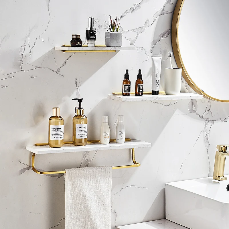 Nordic light luxury marble bathroom shelf wall bathroom mirror front cosmetics storage rack towel rack gold