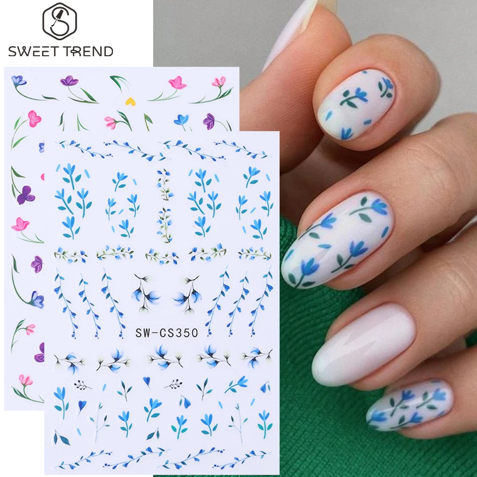 2 Stück Frühlings- und Sommer-Blumen-Nagelaufkleber, blaues Blütenblatt-Blattmuster-Design, Nagelaufkleber, DIY-Maniküre-Dekoration, Nagelzubehör