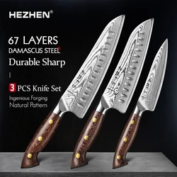 HEZHEN 1PC/3PC Knife Set 8.2 Inches Damascus Steel Chef Knife Utility Knife Micarta Handle Kitchen Santoku Knives Gift Box