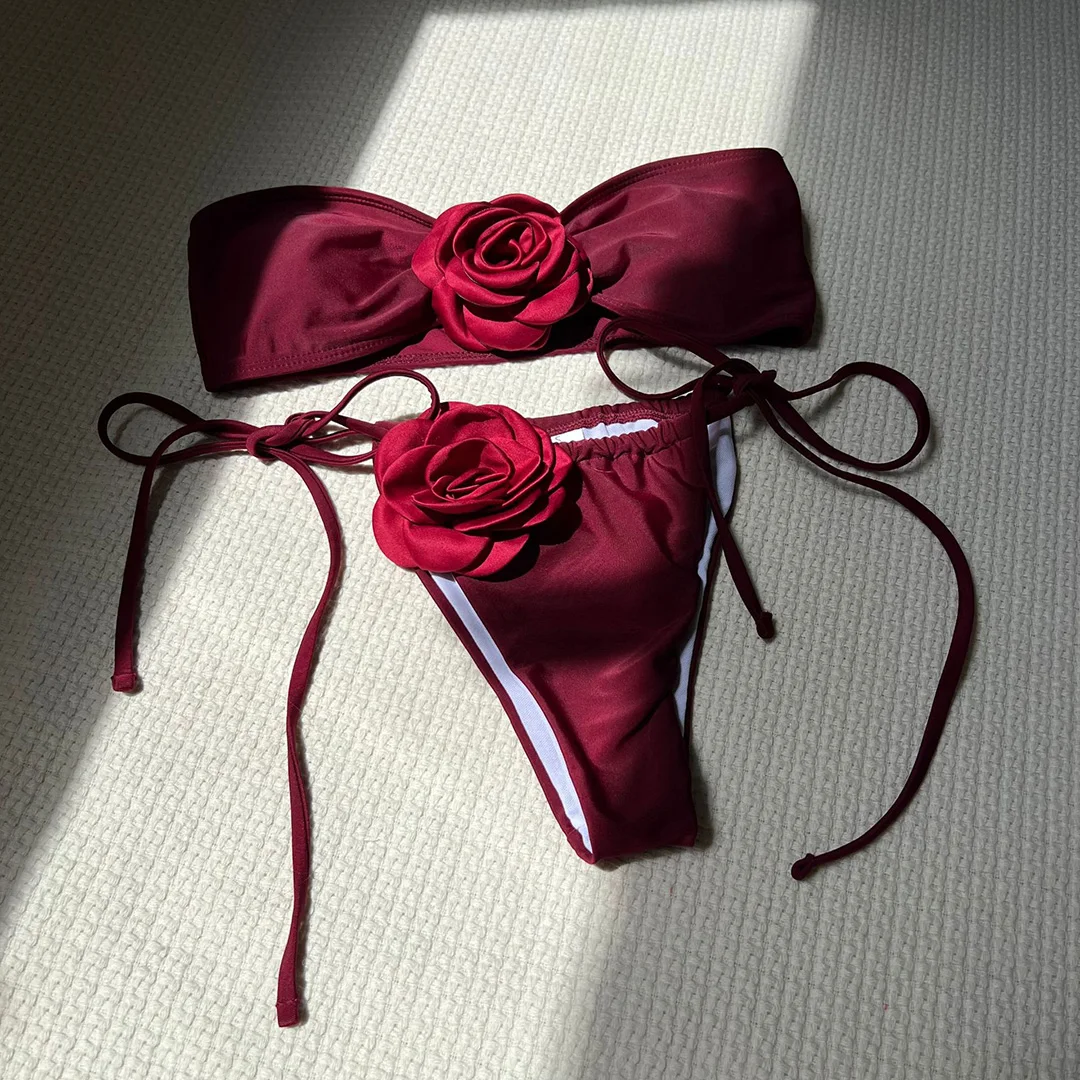 14 Farben, 3D-Blumen, Bandeau-Bikini mit hohem Beinausschnitt, Damen-Badeanzug, zweiteiliges Bikini-Set, Badebekleidung, Badeanzug, Modell V5265. – Detail 38