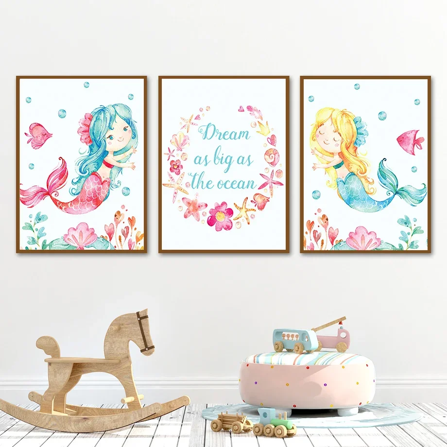 الشمال الملصقات السلاحف قنديل البحر حورية البحر الأميرة حلم الرسم على لوحات القماش الجدارية والمطبوعات جدار صور الاطفال Kawaii غرفة ديكور