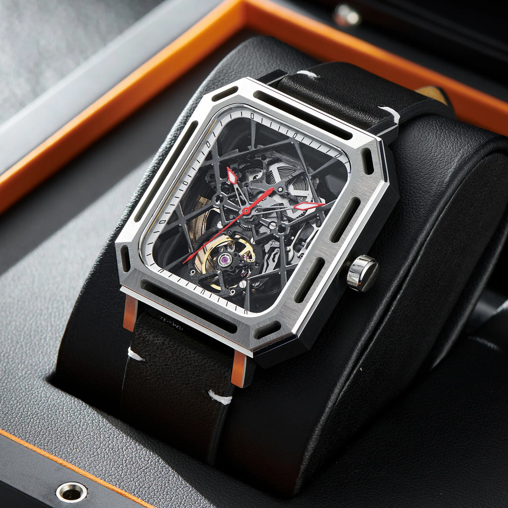 OBLVLO Men Automatic Watch 38MM*42MM Rectangle Mechanical Wristwatch Waterproof Sapphire Luminous Skeleton Dial