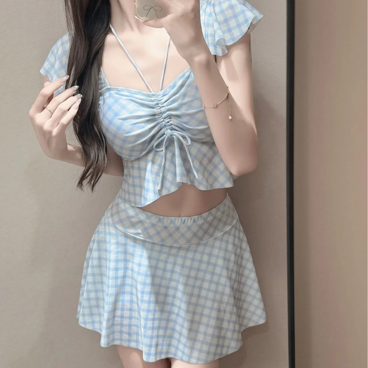 2026 new drawstring sling hanging neck to cover the meat and show thinness, conservative two-piece set, girl beautiful hot sprin