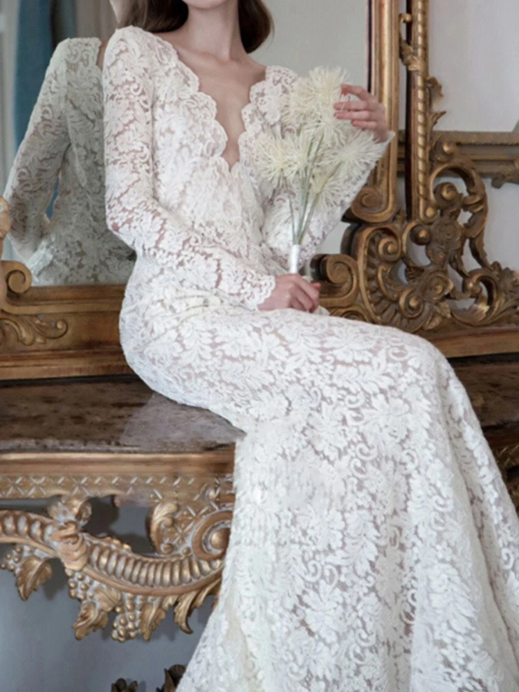 

Женское кружевное свадебное платье с юбкой-годе, элегантное платье с длинным рукавом и V-образным вырезом, соблазнительное платье до пола с открытой спиной, платье невесты