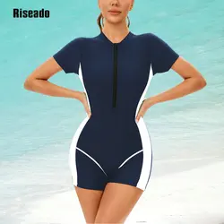 Riseado Women Boyleg Sport One Piece Swimsuit Short Sleeve Athletic Swimwear Adult Bathing Suit for Training-Pool