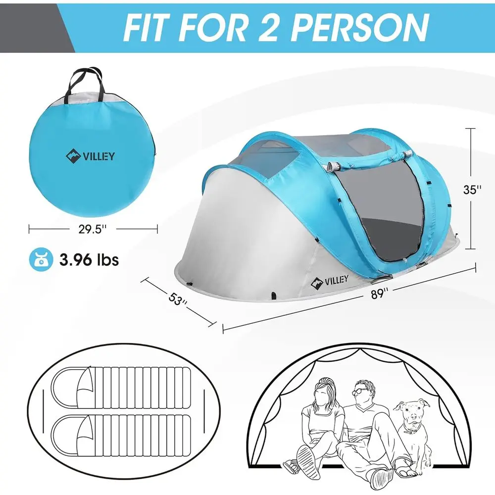 خيمة منبثقة فورية مقاومة للماء لشخصين، خفيفة الوزن للتخييم ومأوى الشاطئ مع حقيبة حمل للمشي لمسافات طويلة والسفر