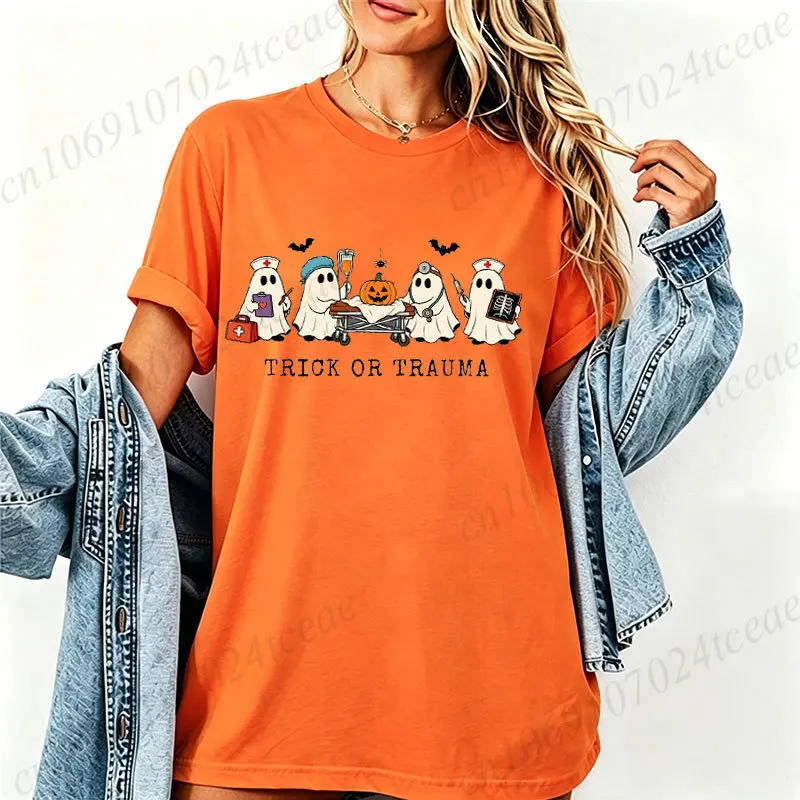 Trick or Trauma Halloween T‑Shirt Women Funny Medical Nurse Ghost Graphic Tee Vintage Cartoon Pumpkin T Shirt Holiday Gift Tops