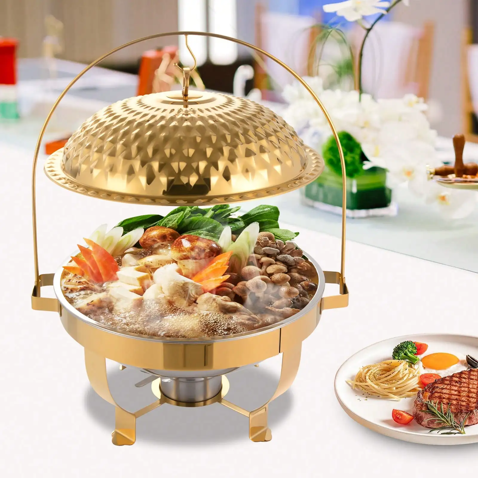 

2.11gal/ 8.5QT Chafing Dish Buffet Set Round Chafing Dishes Hanging Lid Dining Stove Stainless Steel