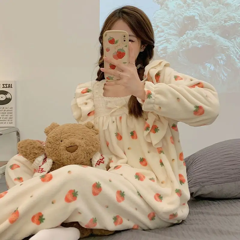 Women's Coral Fleece Pajama Set Long Sleeve Winter Warm Sleepwear Cozy Comfortable Flannel Loungewear Homewear Autumn Fashion