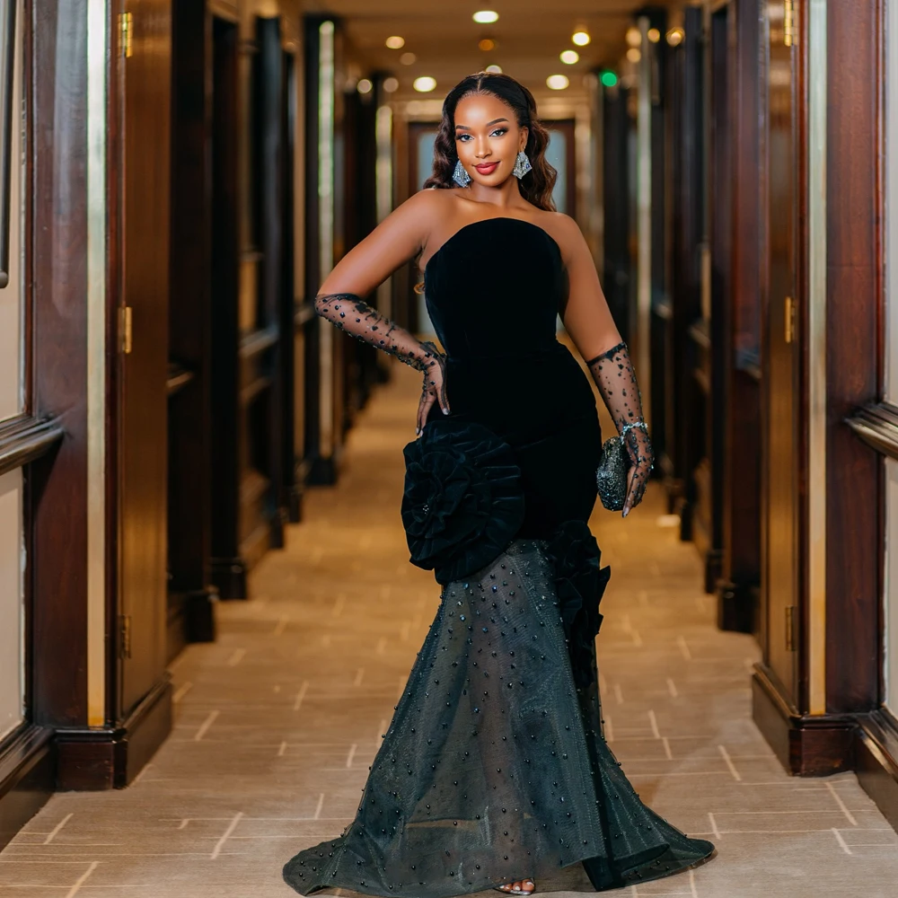 Velvet Diamond Aso Ebi Evening Dresses With Flowers Strapless Beaded Mermaid Birthday Dresses Baddie Black Girl Customized