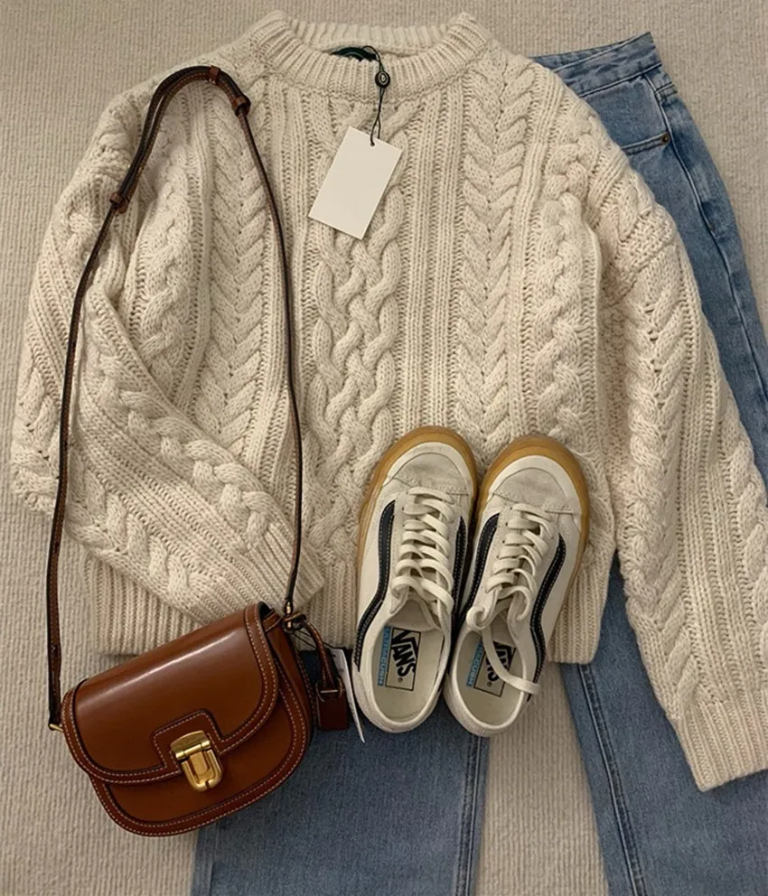 Korean Fashion Chic Fall Winter Blue Thick Knitted Warm Sweaters Jumper New Oversize Women O Neck Twisted Loose Pullover Ladies