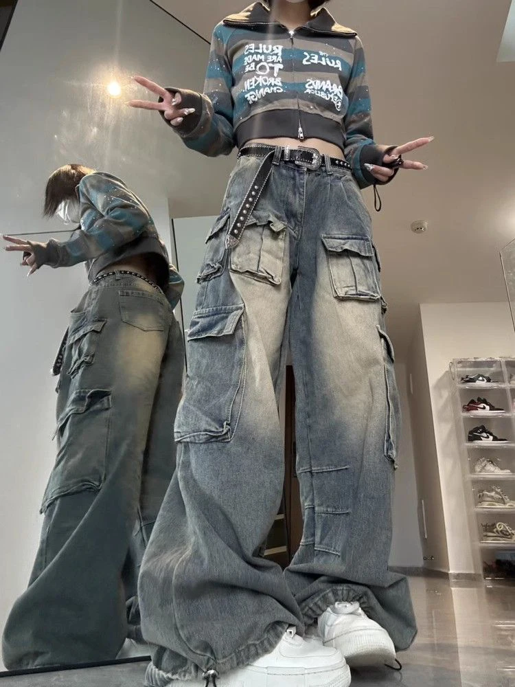 American Streetwear Cargo Jeans Women Y2K 90S Retro High Waist Washing Loose Denim Trousers Hip Hop Pockets Wide Leg Pants