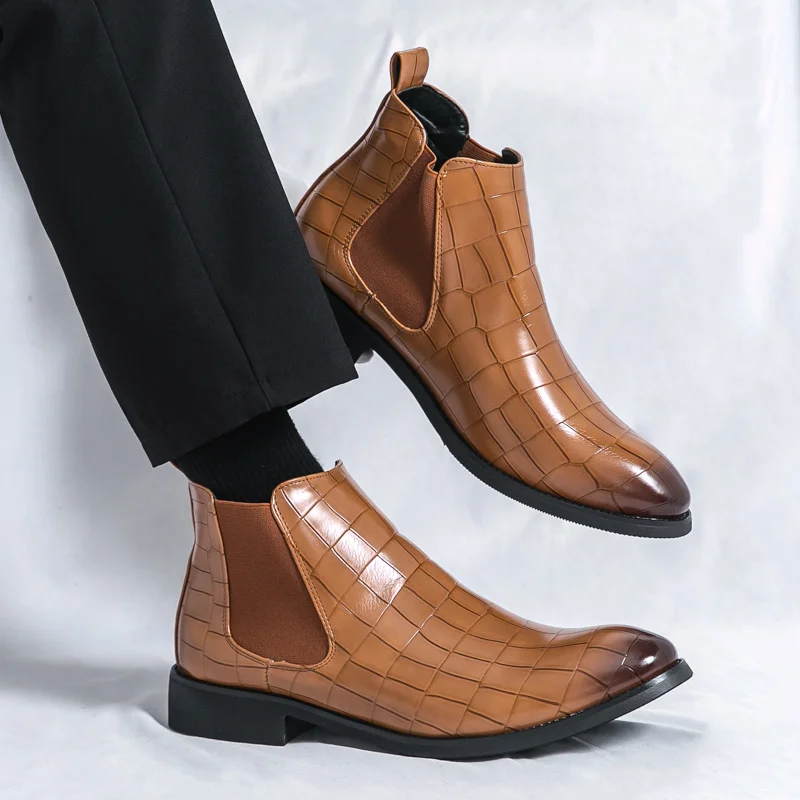 

British Style Fashion Brown Chelsea Boots Men Pointed Toe Leather Casual Business Shoes Size 47 Dress Shoes Zapatos De Vestir